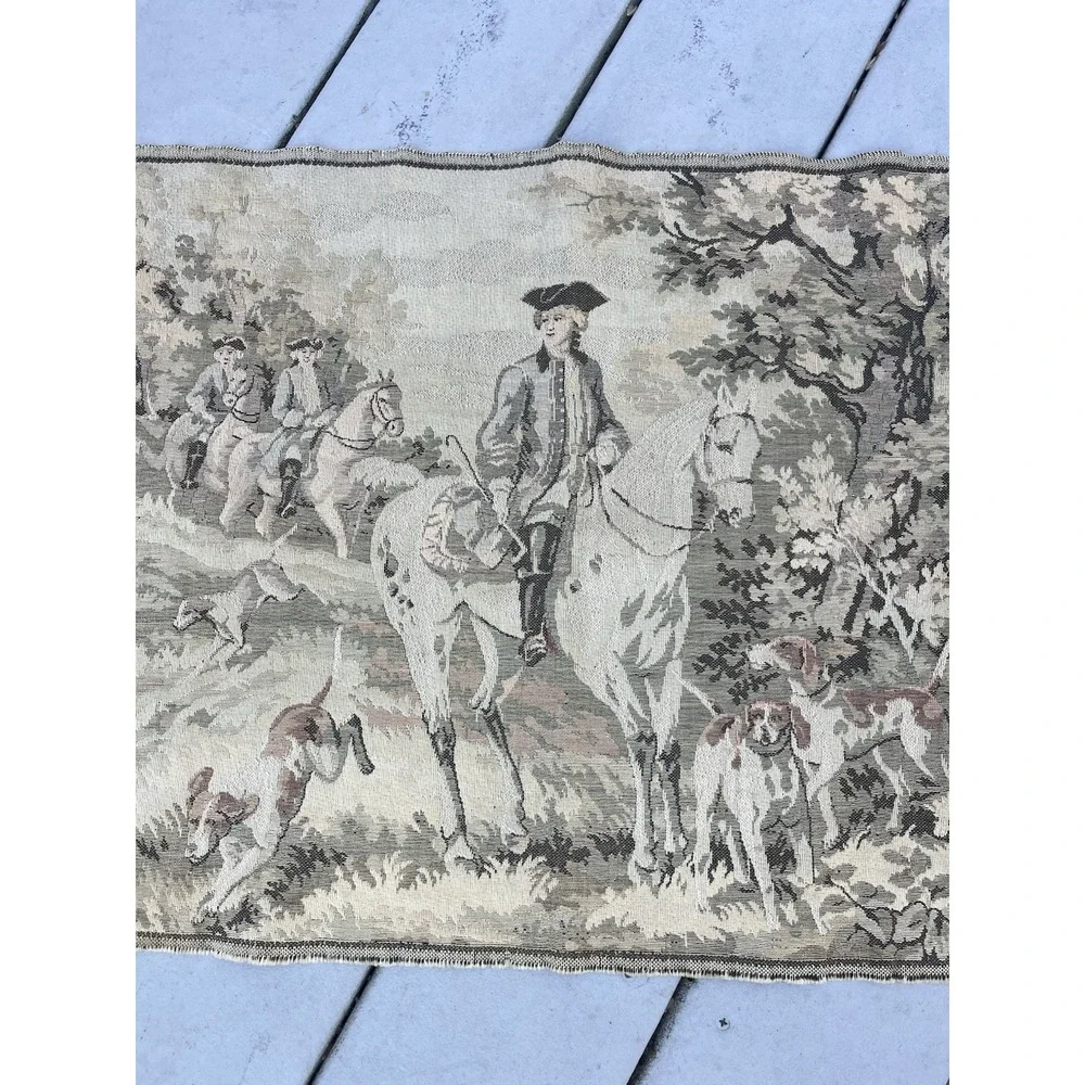 ANTIQUE WALL HANGING FRENCH AUBUSSON JACQUARD STYLE TAPESTRY HUNTING SCENE 53.5